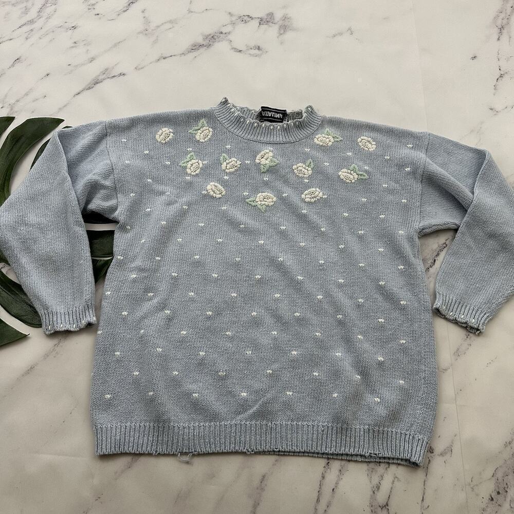 Catalina Womens Vintage 90s Cottagecore Sweater Size L Pastel Blue Beaded Flower